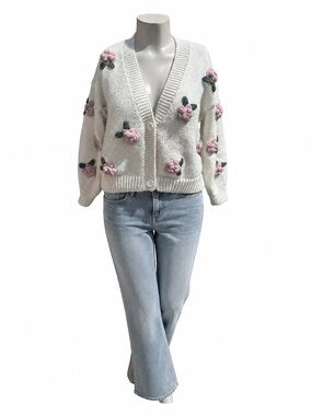 Luna Ivy Cream V-Neck Cardigan with Crochet Pink Floral Appliqués